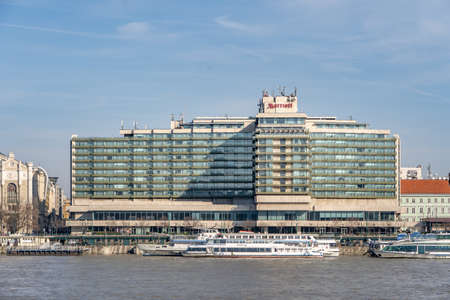 Marriott hotel building by Danube river in winter afternoonのeditorial素材