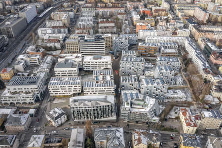 Aerial drone shot view of building complex with solar panels onの写真素材
