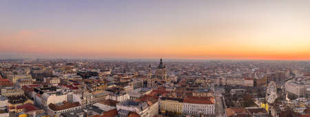 Panoramic aerial drone shot of St. Stephen Basilica at Budapest dawn sunrise in morningの写真素材