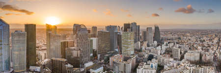 Dec 13, 2019 - Paris, France: Aerial pano drone shot of La Defense skyscraper complex during sunset hoursのeditorial素材