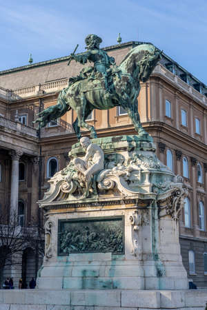 Budapest, Hungary - Feb 9, 2020: Bronze statue of Equestrian statue of Prince Eugene of Savoy on limestone at Buda Hill in Budapestのeditorial素材