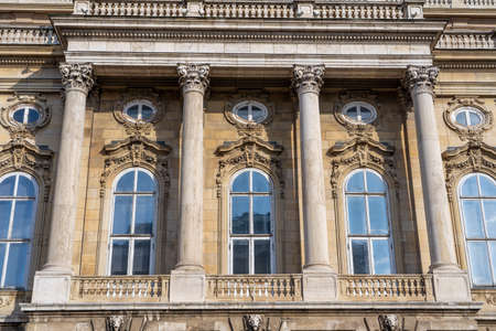 Budapest, Hungary - Feb 9, 2020: Four columns of Buda Palace facadeのeditorial素材