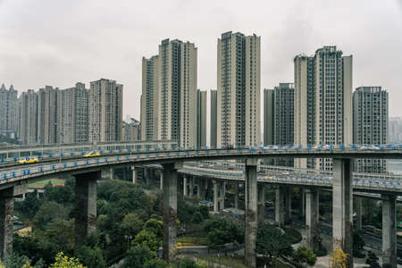 Elevated flyover with high residence buildingの写真素材
