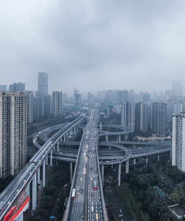 Dec 20, 2019 - Chongqing, China: Aerial drone shot of Caiyuanba bridge over Jialing riverのeditorial素材