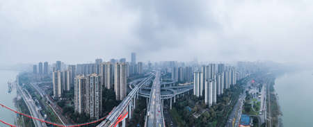 Dec 20, 2019 - Chongqing, China: Aerial drone shot of Caiyuanba bridge over Jialing riverのeditorial素材