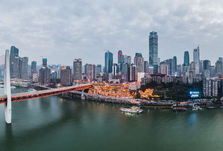 Dec 22, 2019 - Chongqing, China: Aerial drone shot of Hong Ya Dong cave by Jialing riverのeditorial素材
