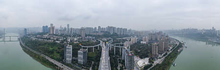 Dec 23, 2019 - Chongqing, China: Aerial drone shot of Caiyuanba Flyover with traffic in bleak morning timeのeditorial素材