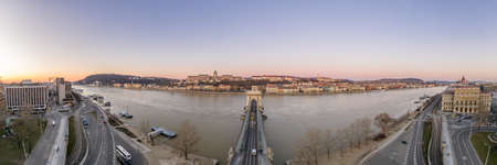 Panoramic aerial drone shot of Buda on Buda hill before Budapest sunriseの写真素材