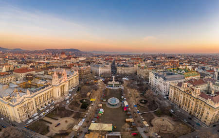 Aerial drone shot of Liberty Square Budapest downtown before sunriseの写真素材