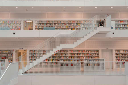 Stuttgart, Germany - Aug 1, 2020 - Few people with mask at Stadtbibliothek library with light during pandemic timeのeditorial素材
