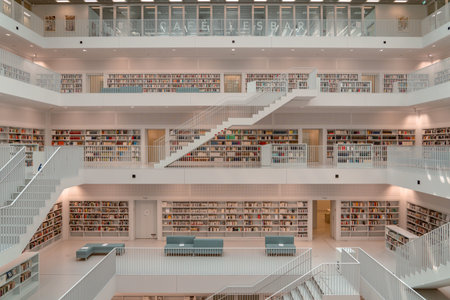 Stuttgart, Germany - Aug 1, 2020 - No people at Stadtbibliothek library with sun light during...
