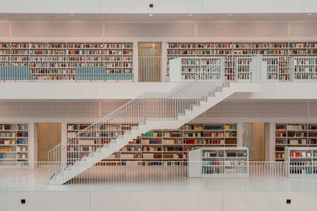 Stuttgart, Germany - Aug 1, 2020 - Stairs of empty Stadtbibliothek library with sun light during covid-19 pandemicのeditorial素材