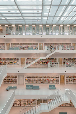 Stuttgart, Germany - Aug 1, 2020 - Tourist with mask walk down stair at Stadtbibliothek library...