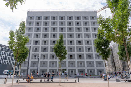 Stuttgart, Germany - Aug 1, 2020 - Plaza in front of Public LIbrary building with few people with mask in the morningのeditorial素材