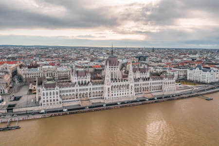 High angle aerial drone view of Hungarian Parliament in Budapest winter morning timeの写真素材