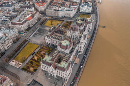 High angle aerial drone view of Hungarian Parliament in Budapest winter morning timeの写真素材