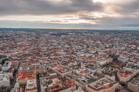 Aerial drone shot of Liberty Square in Budapest center in winter morning time