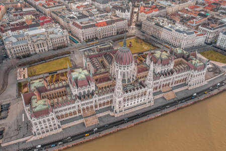 High angle aerial drone view of Hungarian Parliament in Budapest winter morning timeの写真素材