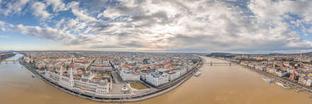 Aerial panoramic view of Budapest by Danube river in winter morning sunの写真素材
