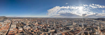 Aerial panoramic drone shot of St. Stephens Basilica city center at Budapest winter morningの写真素材
