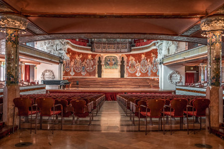 Barcelona, Spain - Feb 24, 2020: Orchestra floor view of concert hall in Catalonia Music Hall with...
