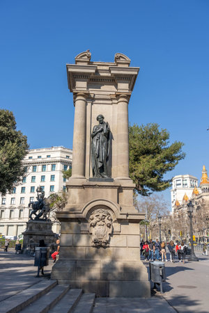 Barcelona, Spain - Feb 24, 2020: Statue on catalunya plaza in city center sunny day. High quality...