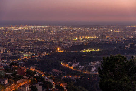 Barcelona city night view lights on top of Mount Tibidabo at blue hour in winter