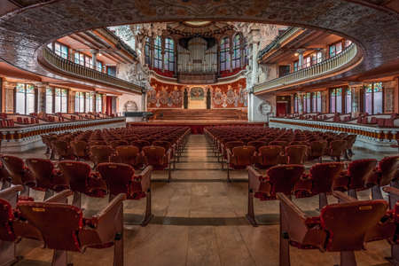 Barcelona, Spain - Feb 24, 2020: Orchestra floor view of concert hall in Catalonia Music Hall with lights on in afternoonのeditorial素材