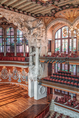 Barcelona, Spain - Feb 24, 2020: Sumptuous stone relief of musicians inside Catalonia music hall in upveiwのeditorial素材