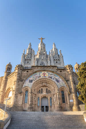 Facade of Temple of Expiatori del Sagrat Cor on top of Mont Tibidabo in Barcelona Spain in winter afternoonのeditorial素材