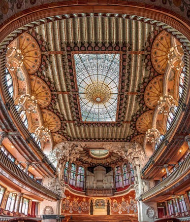 Barcelona, Spain - Feb 24, 2020: Sumptuous stained glass skylight in Concert Hall in Catalonia Music Hallのeditorial素材