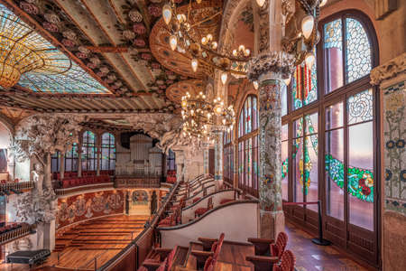 Barcelona, Spain - Feb 24, 2020: Balcony side view in Catalonia Music hallのeditorial素材