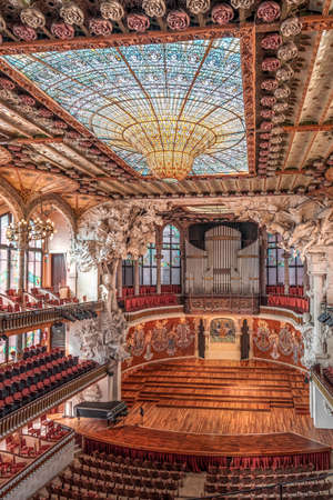 Barcelona, Spain - Feb 24, 2020: Balcony view of stained glass ceiling in Catalonia Music Hallのeditorial素材