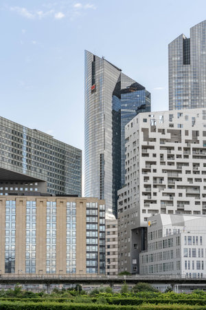 Paris, France - Jun 13, 2020: Modern skyscrapers of headquarters in La Defenseのeditorial素材