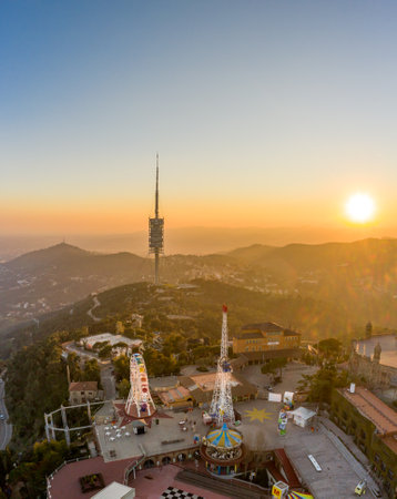 Barcelona, Spain - Feb 24, 2020: Aerial drone view of church on Mount Tibidaboのeditorial素材