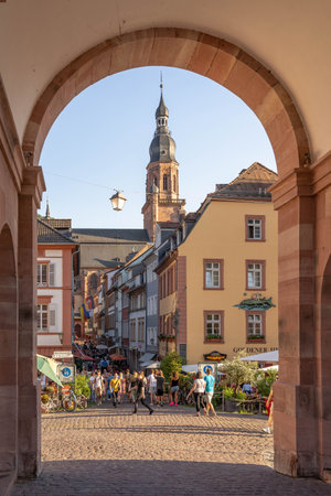 Heidelberg, Germany - Aug 1, 2020: Hustling street with view of heiliggeistkircheのeditorial素材
