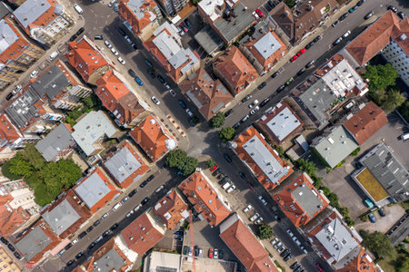 Overhead aerial photo of Stuttgart suburb street in Germany at summer noonの写真素材