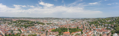 Panoramic view of Stuttgart suburb near hills in Germany at summer noonの写真素材