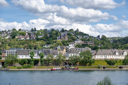 Koblenz, Germany - Aug 1, 2020: Typical historical houses along Rhine river in summerのeditorial素材