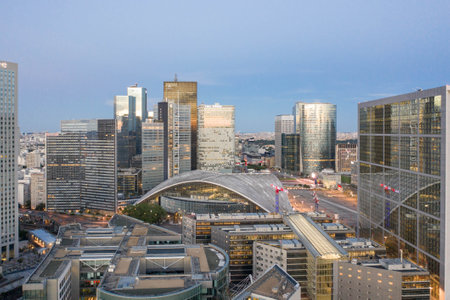 Paris, France - Jun 18, 2020: Aerial drone shot of Skyscrapers in Esplanade de La Defenseのeditorial素材
