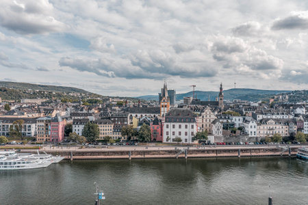 Koblenz, Germany - Aug 1, 2020:Aerial drone shot of quai on Deutsch Eck headland by Rhine Mosel river in Koblanz Germanyのeditorial素材