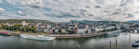 Koblenz, Germany - Aug 1, 2020: Panoramic aerial drone shot of quai on Deutsch Eck by Rhine Mosel in Koblanz Germanyのeditorial素材