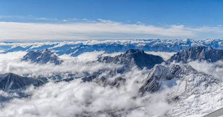 Snow mountain view in summer from Top of Germany Zugspitze view point in morning