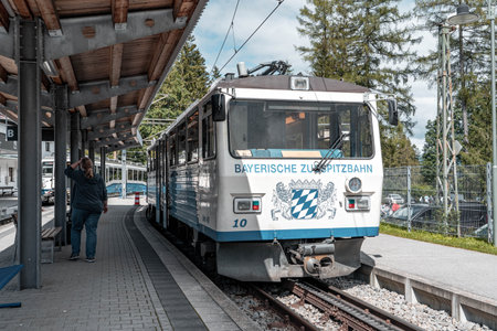 Zugspitze, Germany - Aug 5, 2020: Glacier cogwheel train at Eibsee train stationのeditorial素材