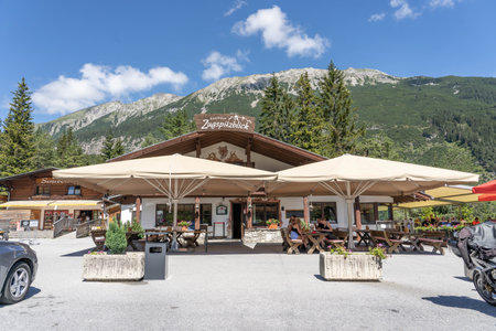 Fernpass, Austria - Aug 6, 2020: Restaurant at Zugspitze viewpoint in summerのeditorial素材