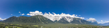 Panorama aerial view of mieming mountain range in Obermieming valley in Tyrol Austriaの写真素材