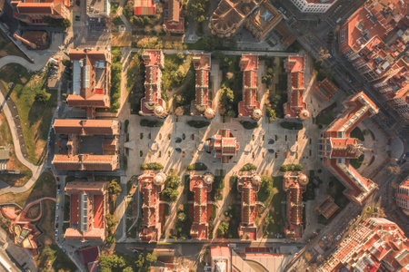 Aerial overhead drone shot of building in Barcelona in morningの写真素材