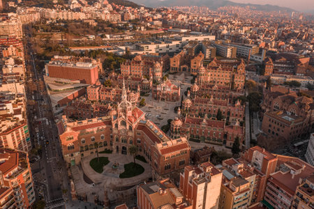 Aerial drone shot of Barcelona near Turo de la Rovira in morning sunriseの写真素材