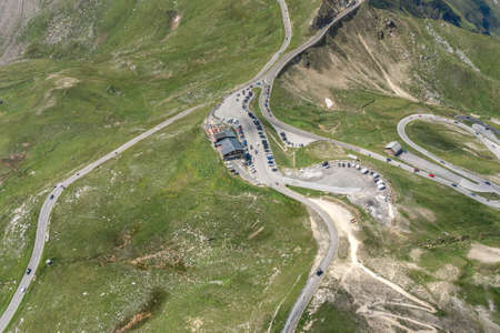 Aerial drone shot of serpentine high alpine road Taxenbacher Fusch below Edelweissspitze in Grossglockner in Austriaの写真素材