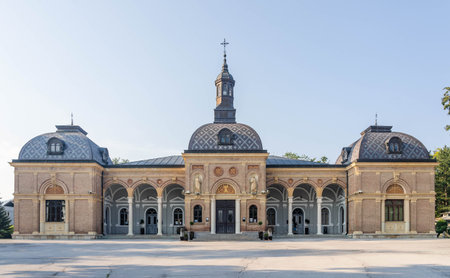 Zagreb, Croatia - Aug 9, 2020: exteririor entrance view of Mirogoj cemetery renovation after 2020...